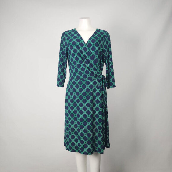 Chaps Navy & Green Faux Wrap Dress Size L - Picture 1 of 9